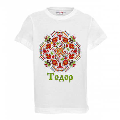 Бяла детска тениска с шевица