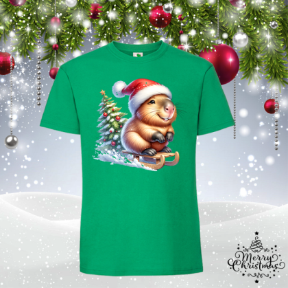 Забавна зелена коледна тениска-  Капибара