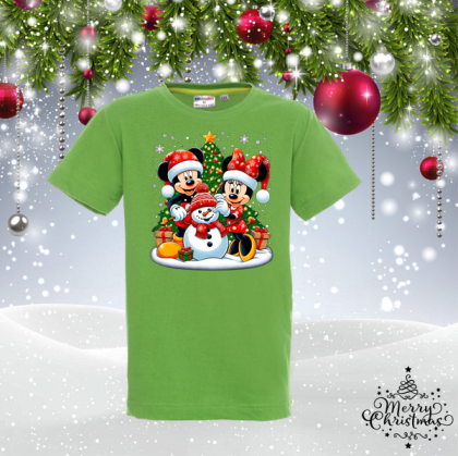 Детска коледна зелена  тениска- Мики и Мини Маус