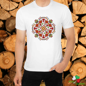 Мъжка бяла тениска с мотив на шевица Слънце