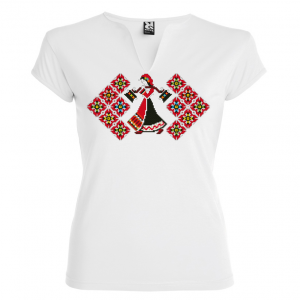 бяла Висококачествена дамска тениска с мотиви на шевици- Девойчето и дванадесетте месеца