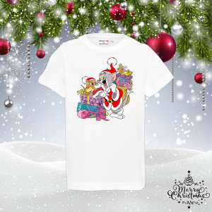 Бяла Детска коледна тениска - Том и Джери
