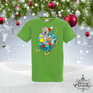 Зелена Детска коледна тениска - Том и Джери