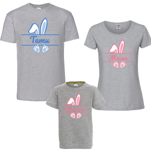 Семеен комплект цветни тениски - Розово зайче с име по избор