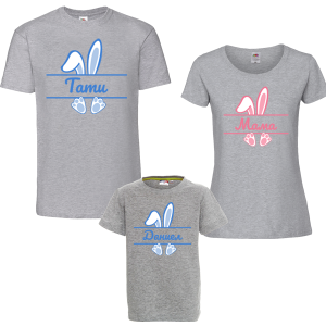 Семеен комплект цветни тениски - Синьо зайче с име по избор