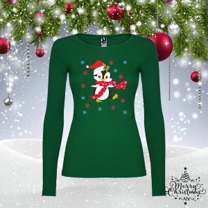 Дамска зелена коледна блуза- Пингвин