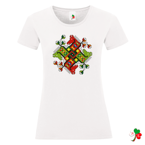 Бяла дамска тениска с народни мотиви- Кончета. 