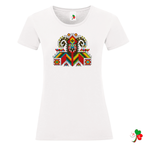 Бяла  дамска тениска с народни мотиви на шевици - Кукер