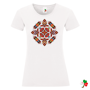 Дамска бяла тениска с народни мотиви на шевици