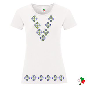 Дамска бяла тениска с народни мотиви на шевици