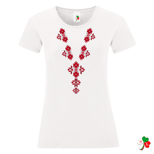 Дамска бяла тениска с народни мотиви на шевици