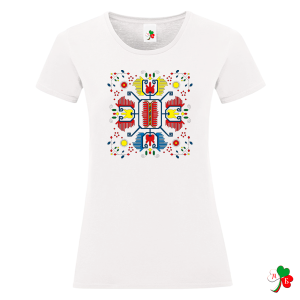 Дамска бяла тениска с народни мотиви на шевици