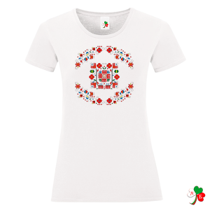 Дамска бяла тениска с народни мотиви на шевици