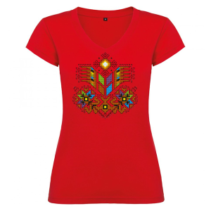 Дамска червена тениска - V образно деколте - Дървото на живвота