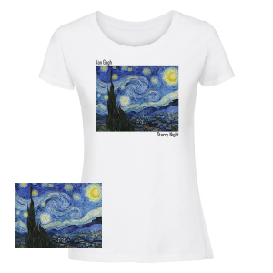 Дамска  бяла тениска - Звездна нощ  на  Ван Гог