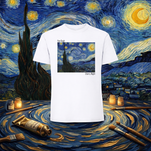 Мъжка  бяла тениска - Звездна нощ  на  Ван Гог