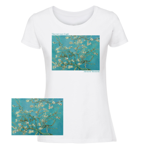 Дамска  бяла тениска - Цъфнало бадемово дърво на  Ван Гог